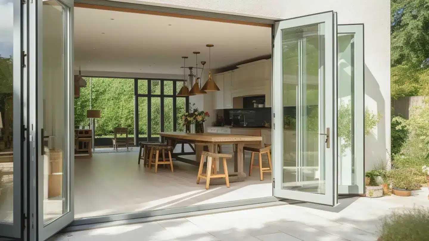 bifolding door opening to home with big brown dining table, brown lights, and a patio door in the background