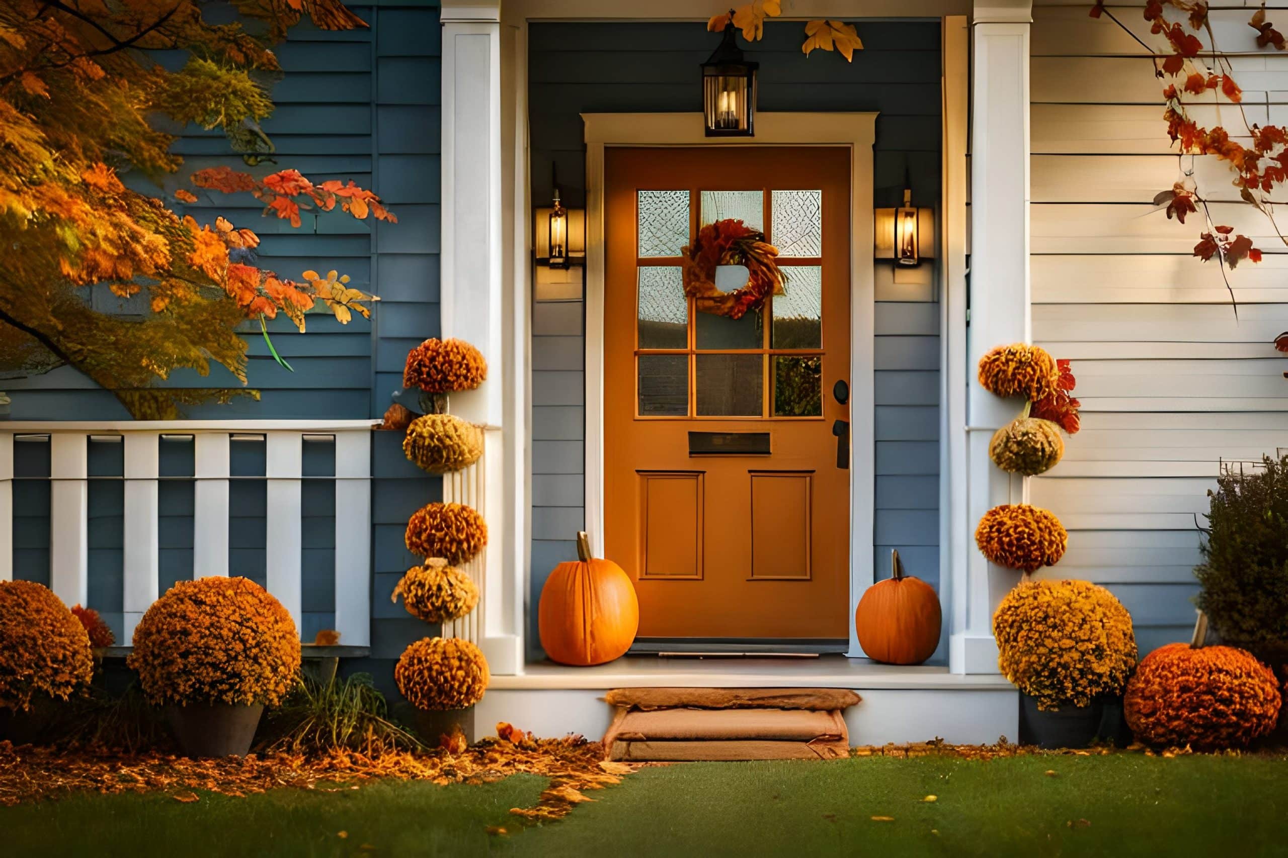 Front door with fall decor, pumpkins and autumnthemed decorations.