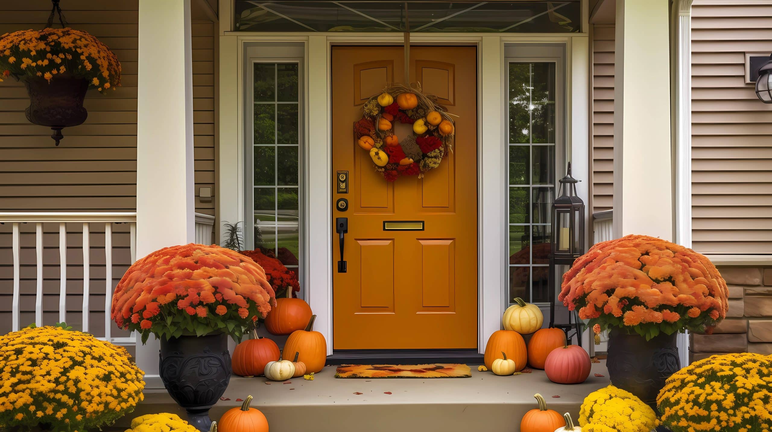 Beautiful goldenrod colored entry door with Autumn porch flowers and decor for Jacksonville Doors & Windows in Ponte Vedra, FL