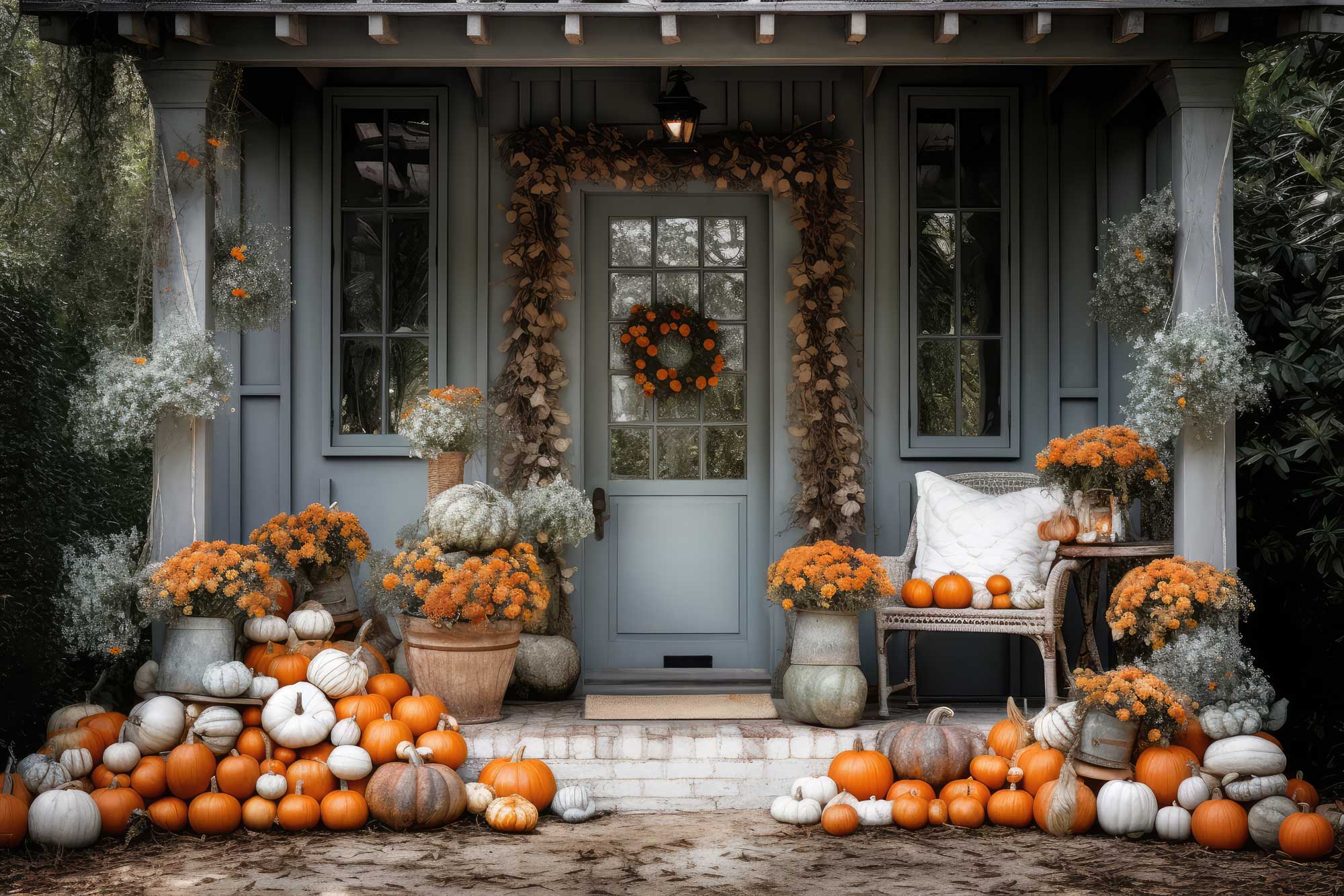 Door with glass panels surrounded by fall decor