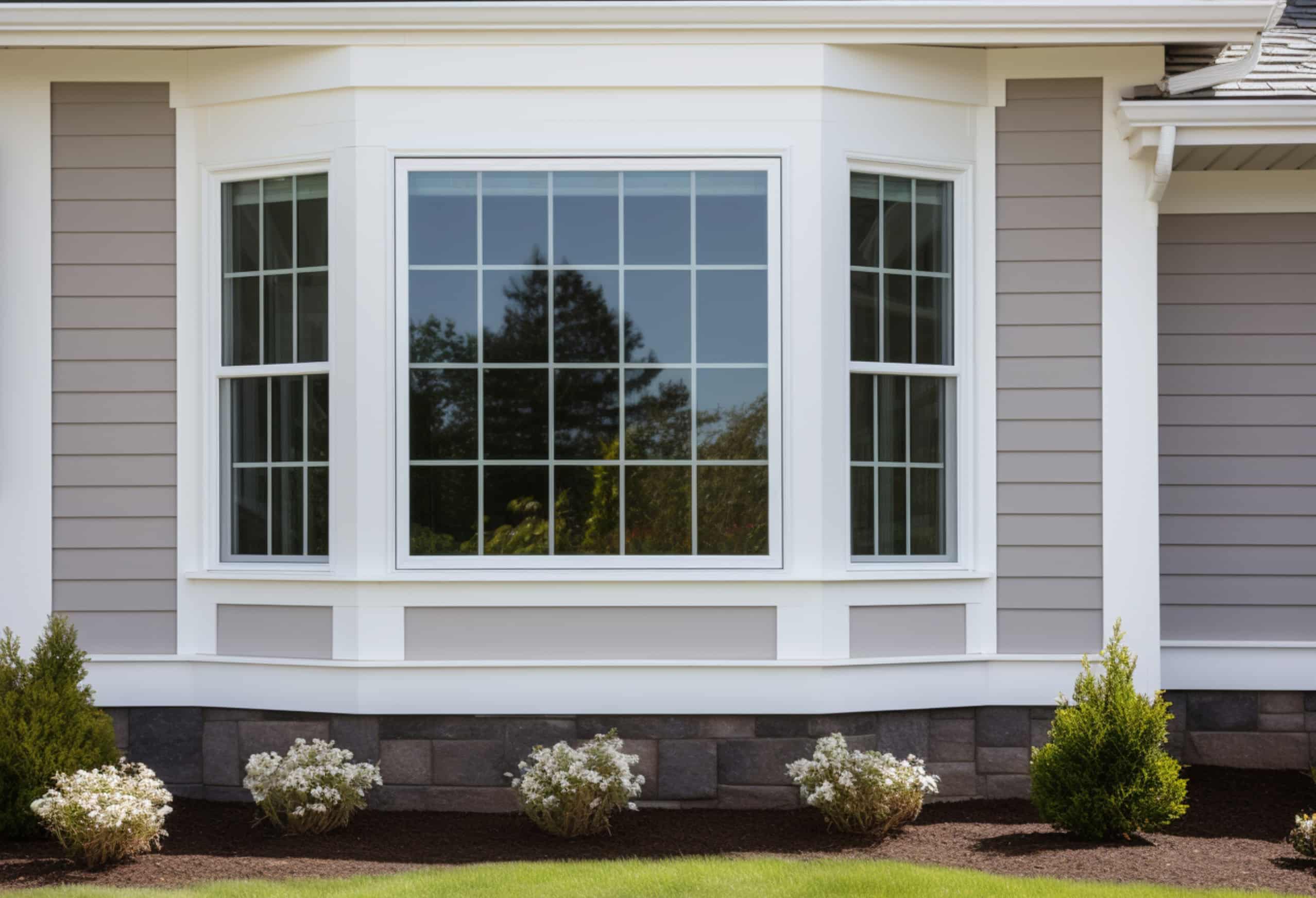 Bay window with vinyl siding and white frames